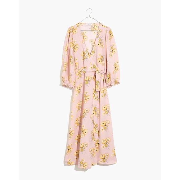 Madewell Linen-Blend Ruffle-Cuff Wrap Dress Dutch Dandelions Medium Pink Floral - Picture 4 of 9